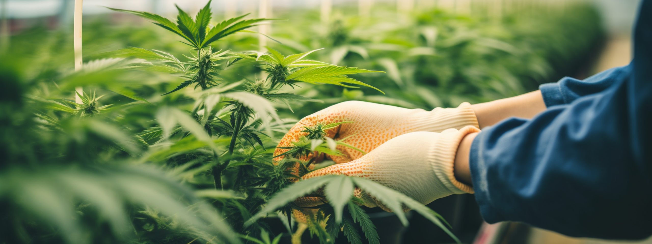 A scientist's hand close-up inspects the pleasant buds on a cannabis plant. Cannabis plantation in a medicinal indoor farm.