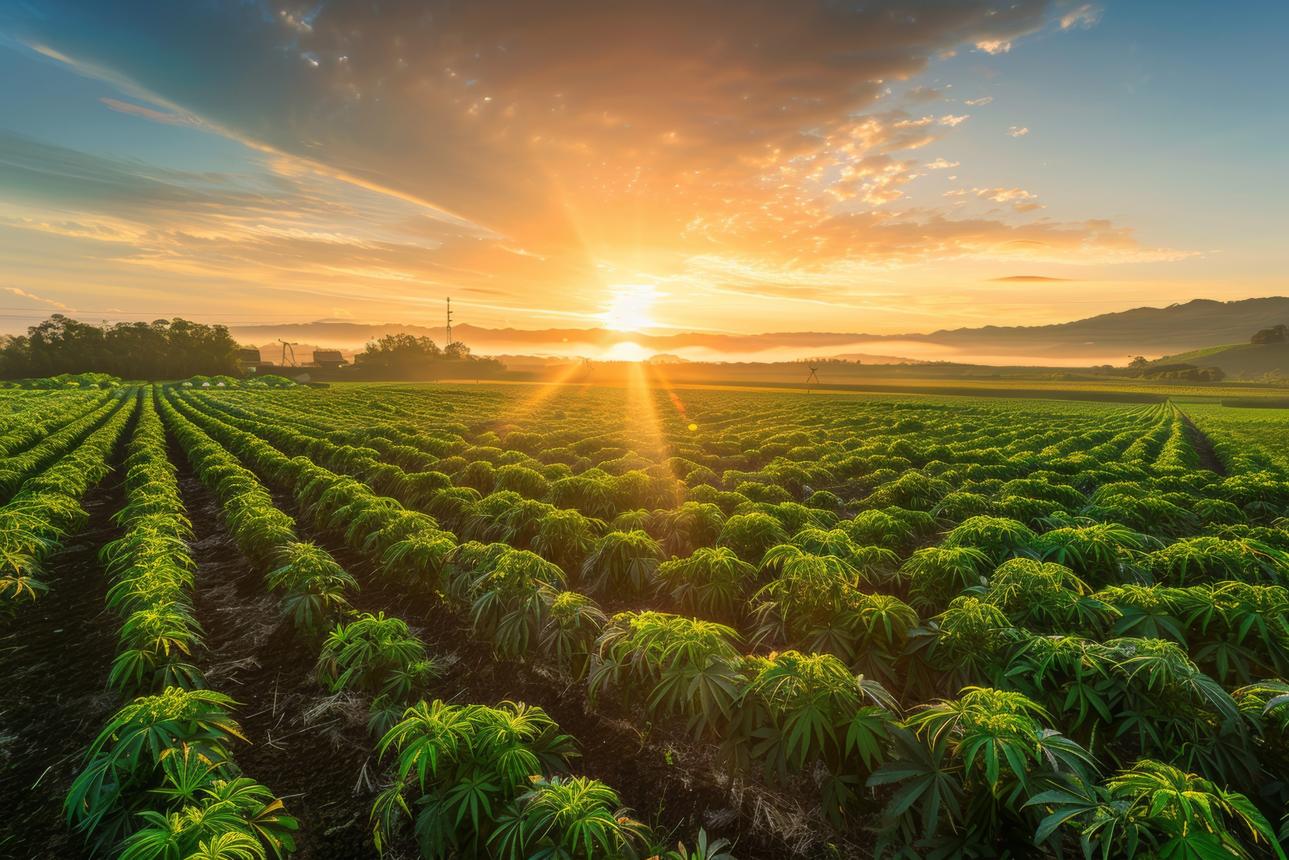 A scenic sunrise over a lush cannabis farm, with orderly rows of plants extending toward the horizon. the sky is bathed in warm hues, and the early morning sunlight casts a golden glow over the expansive field and surrounding landscape.