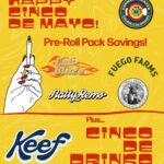 Bold yellow promotional poster advertising Cinco de Mayo pre-roll pack savings with red text and multiple cannabis brand logos on the right.