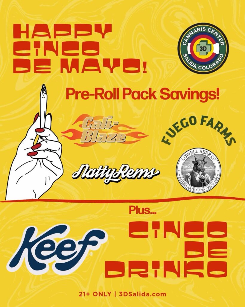 Bold yellow promotional poster advertising Cinco de Mayo pre-roll pack savings with red text and multiple cannabis brand logos on the right.